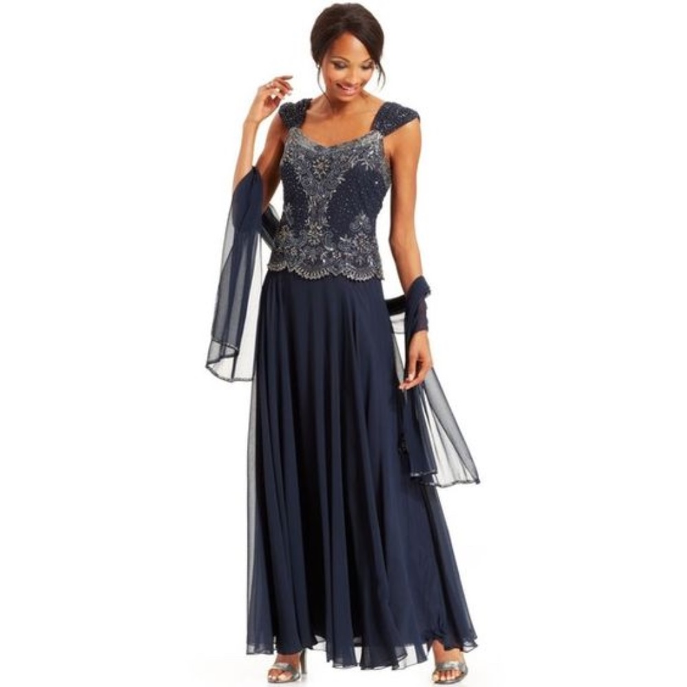 JKARA Embellished Bodice Chiffon Dress with Shawl - Navy, Size 8